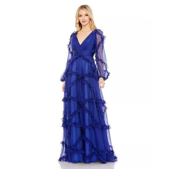 NWT Mac Duggal 68223 Cascaded Ruffle Puff Sleeve A-Line Gown Sapphire Size 12 - Picture 1 of 10